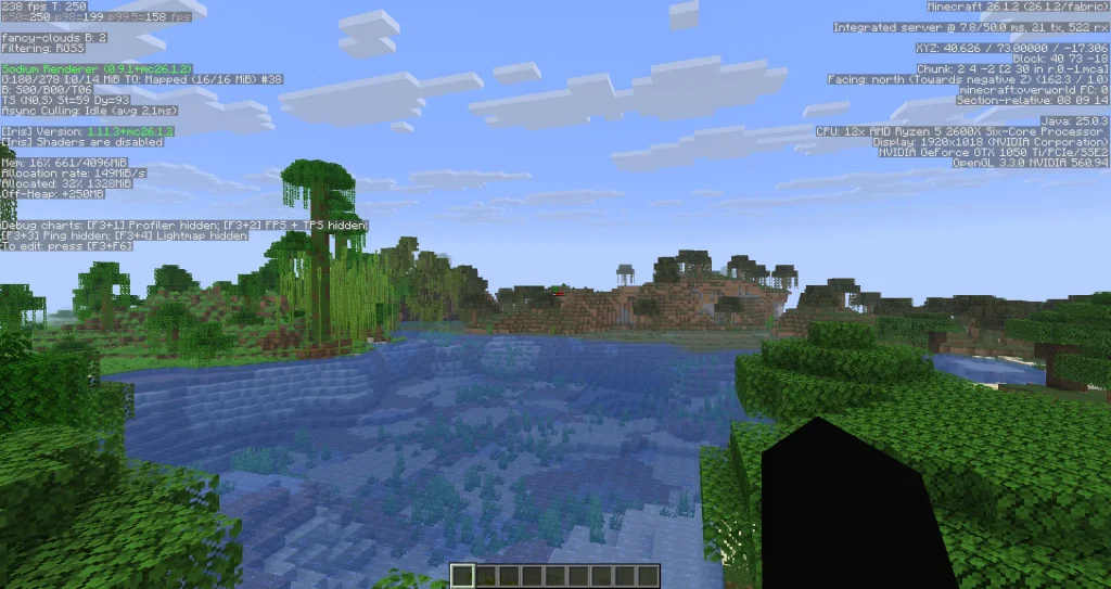 Contador de FPS do Minecraft aberto com a tecla F3 provando o aumento de performance.
