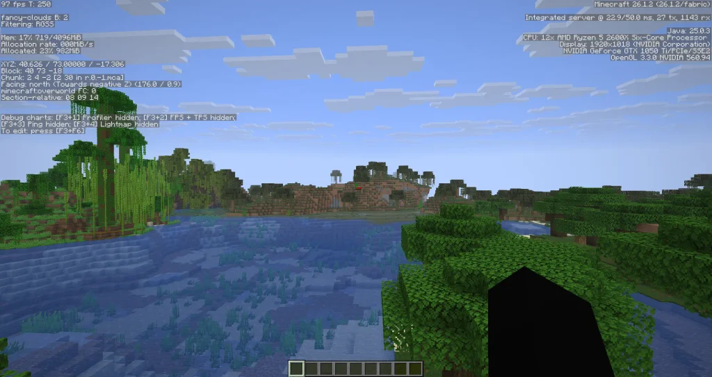 Contador de FPS do Minecraft aberto com a tecla F3 provando o aumento de performance.