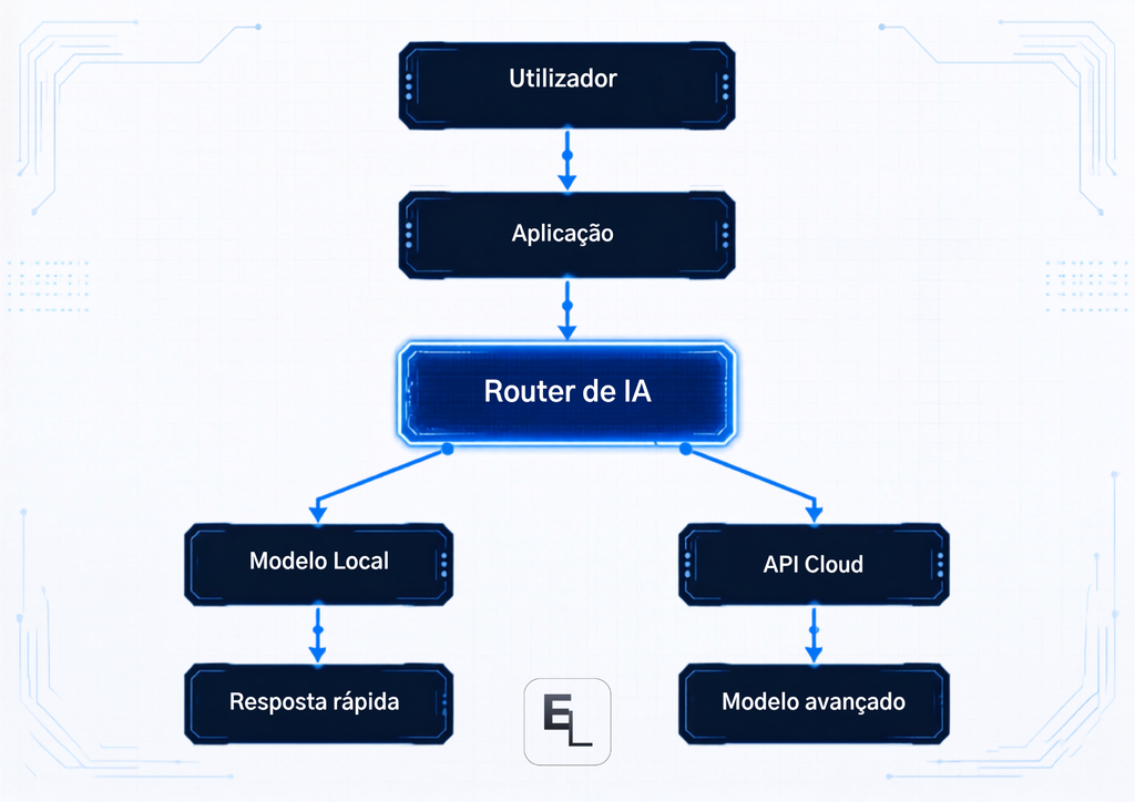 Arquitetura híbrida de inteligência artificial combinando modelos locais e APIs cloud