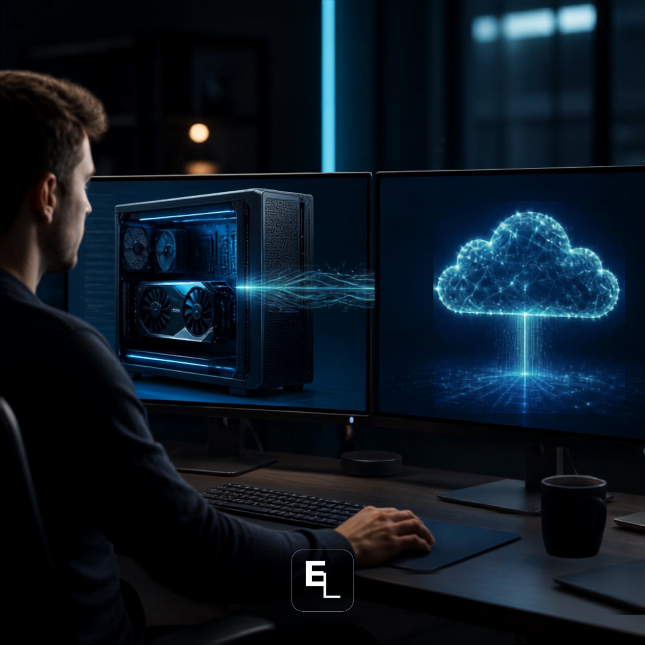 Programador utilizando uma arquitetura híbrida de IA local e cloud para desenvolvimento de software