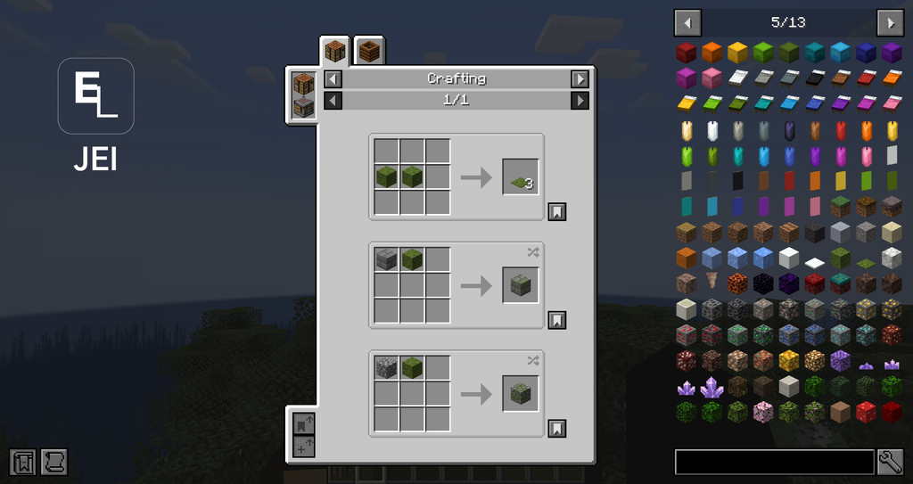 JEI a mostrar receitas e itens de Minecraft.