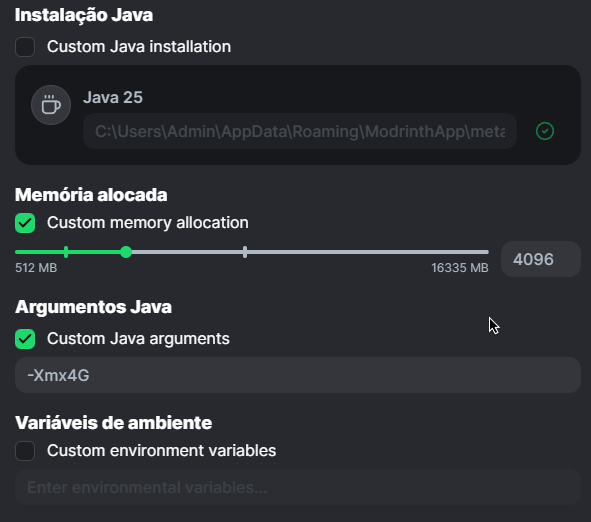 Painel de Argumentos JVM no Minecraft Launcher configurado para alocar 4GB de memória RAM.