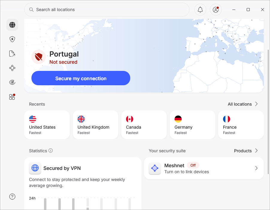 Interface da aplicação NordVPN no computador mostrando o mapa e a ligação a um servidor de baixa latência.