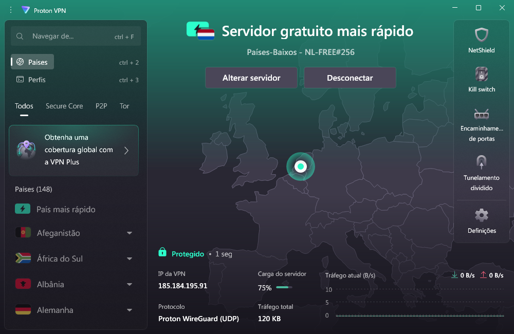 Interface da Proton VPN gratuita ligada com sucesso a um servidor dos Países Baixos.