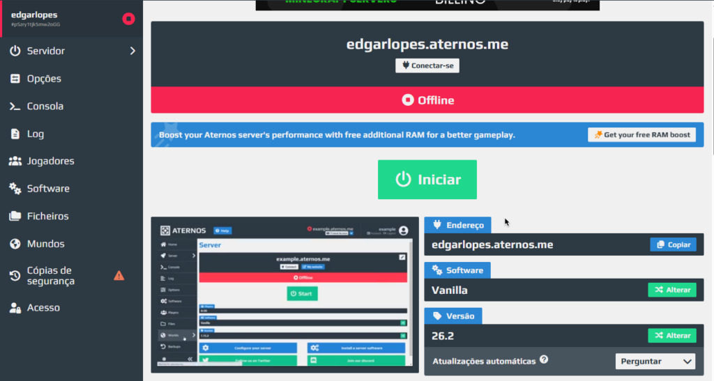 Painel de controlo da Aternos configurado com os botões de ligar e desligar o servidor.