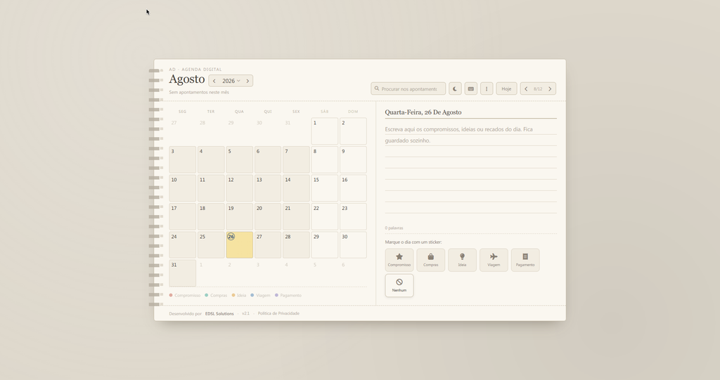Painel da Agenda Digital minimalista mostrando o calendário de Agosto de 2026 e o bloco de notas diário.