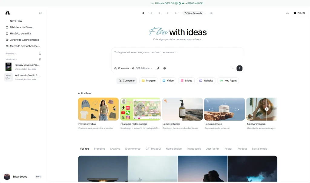 Interface de nós visuais e tela infinita com GPT-5.6 na Flowith AI.