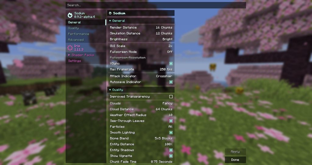 Menu de definições gráficas do mod Sodium dentro do Minecraft.