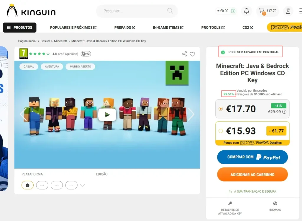 Página de produto do Minecraft na Kinguin mostrando o preço e detalhes da chave digital.