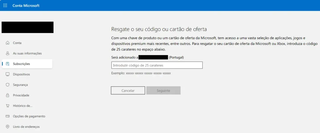 Menu de resgate de códigos na Microsoft Store para ativar o jogo Minecraft.